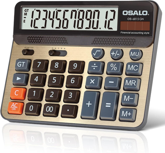 Desktop Calculator Extra Large 5-Inch LCD Display 12-Digit Big Number Accounting Calculator with Giant Response Button, Battery & Solar Powered, Perfect for Office Business Home Daily Use(OS-6815GN)