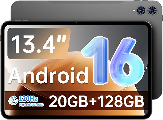 TECLAST Android 16 T65 13.4 inch Large Tablet, 20GB+128GB,120Hz 1920x1200 IPS Display,2.2Ghz Octa-Core Processor,10H 8000mAh Battery, 2.4GHz+5GHz WiFi,4G LTE,GPS, 3.5mm Headphone Jack for Music Lovers