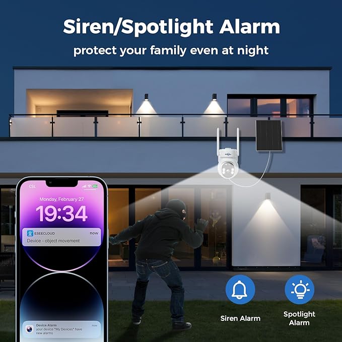 Hiseeu Solar Camera Outdoor, 4MP Wireless Battery Camera, PTZ 360° View, PIR Motion Detection, Color Night Vision, IP66, 2-Way Audio, 2.4G WiFi, No Monthly Fee