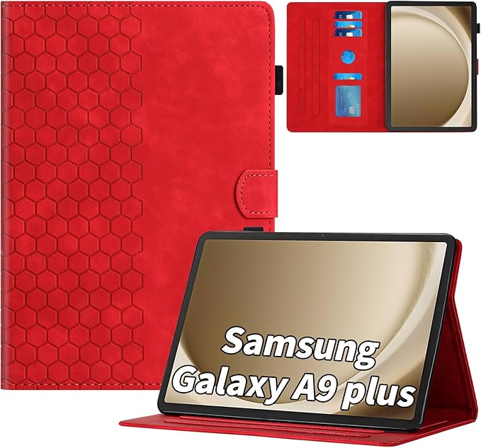 Case for Samsung Galaxy Tab A9 Plus/A9+ 5G 11 Inch 2023 Model (SM-X210/X216/X218), Multi-Angle Viewing Smart Stand with Pocket Auto Wake/Sleep PU Leather Tablet Cases Flip Folio Cover Red