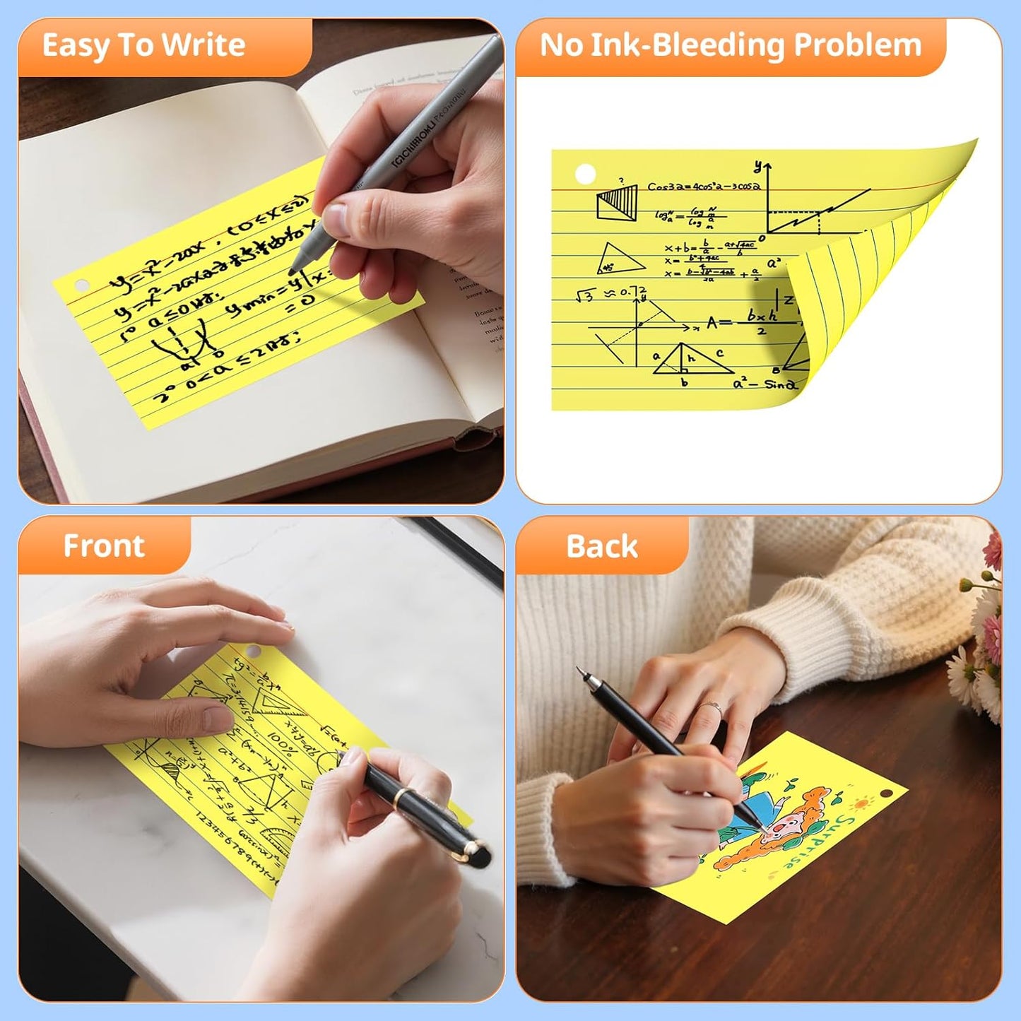 Index Cards 3x5 Inches, 300 PCS, Yellow Flash Cards With Ring, Punched Lined Study Card Ruled Flashcards Notecards, Ruled Front And Blank Back, Note Card for School, College And Home