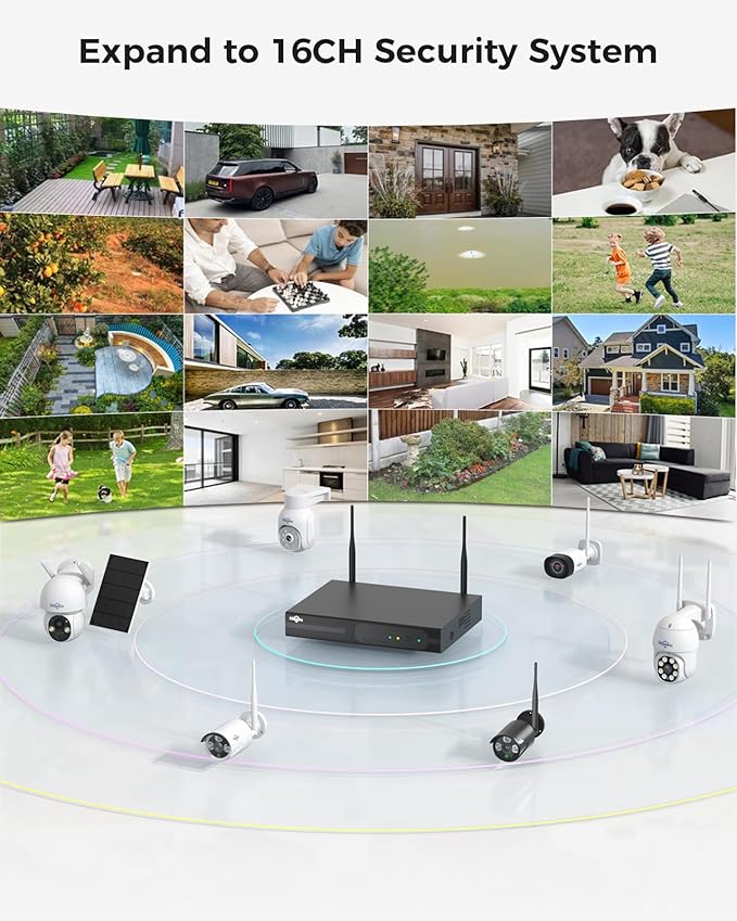 Hiseeu Wireless Security Camera Outdoor, 16CH 5MP WiFi Pro 8-Camera Kit, Wireless Security Camera System, Black Home Safety System, Need Plug-in,Motion, IP66, 3TB Storage, No Monthly Fees