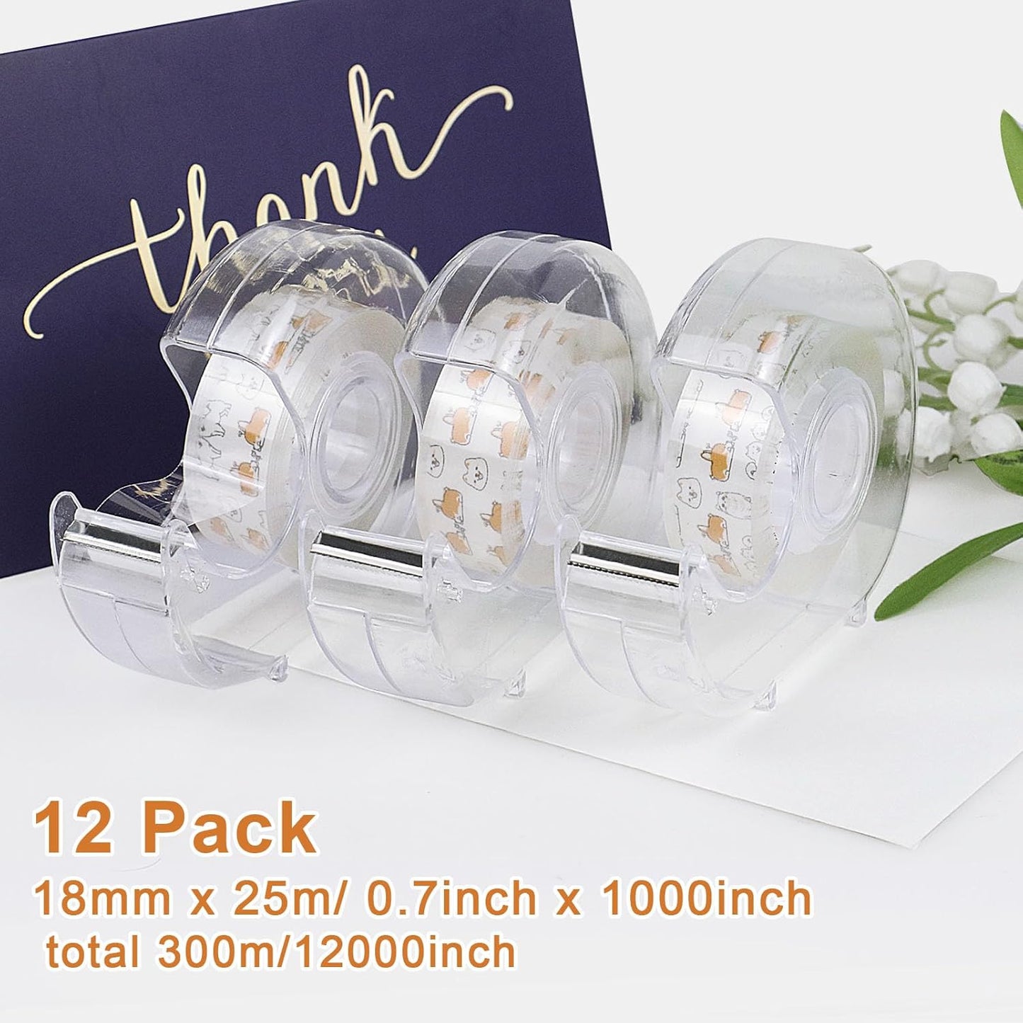 BOMEI PACK 12PACK Transparent Tape with Dispenser, Office Clear Tape Refill Rolls with Dispenser Bulk for DIY, Gift Wrapping, Repairing, Home and School, 3/4in x 1000in