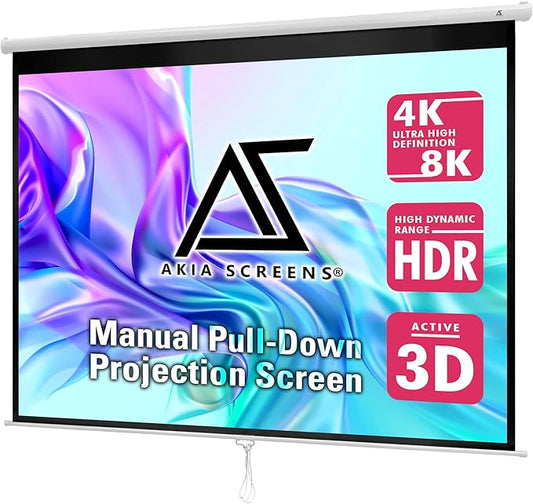 Akia Screens 100 inch Projector Screen Pull Down Manual B 4:3 or 92" 16:9, 95" 16:10 8K 4K HD 3D Ceiling Wall Mount White Portable Projection Screen for Indoor Movie Home Theater Office AK-M100V1