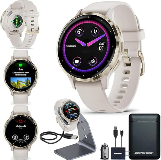 Garmin Venu 3S Running GPS Smartwatch with AMOLED Display, Advanced Health, Fitness Features, Up to 14 Day Battery Life with Signature Power Bundle | Soft Gold with Ivory Silicone Band