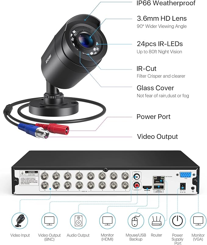ZOSI 3K Lite 16 Channel Security Camera System Outdoor,AI Human Vehicle Detection,Night Vision,12pcs 2MP Weatherproof Surveillance Camera,H.265+ 16CH 1080P CCTV DVR with 2TB HDD for 24/7 Recording