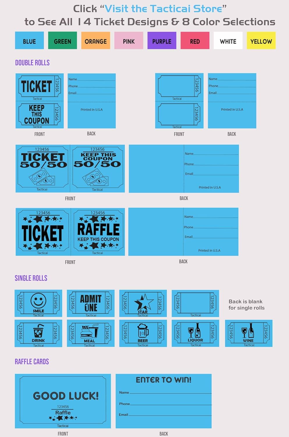 Tacticai 250 Raffle Tickets, Purple (1 of 8 Colors), Raffle Cards, Entry Form with Name, Phone & Email for Events, Fundraiser & Prizes