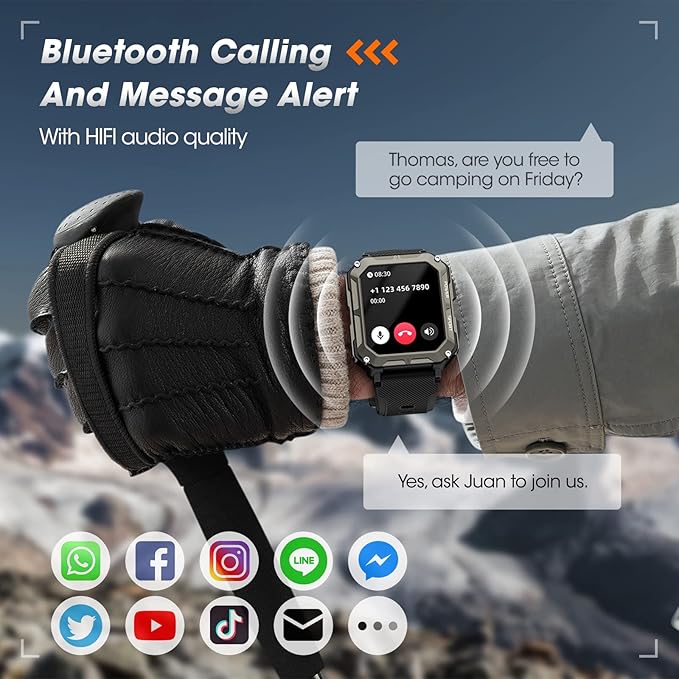 Rgthuhu Military Smart Watches for Men (Answer/Make Call), 100M Waterproof Rugged Smart Watch for Android Phones and iPhone, 1.9" Outdoor Sports Fitness Tracker with Heart Rate, Sleep Monitor, Black