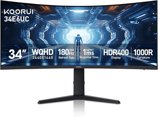 KOORUI 34-inch Curved Ultrawide WQHD 3440×1440 Gaming Monitor, 180Hz 1000R- PIP/PBP, 1ms(MPRT), HDR400, DCI-P3 95%, FreeSync Premium, 1 x DP 1.4 & 2 x HDMI 2.0, Tilt Height Swivel Adjustment, 34E6UC