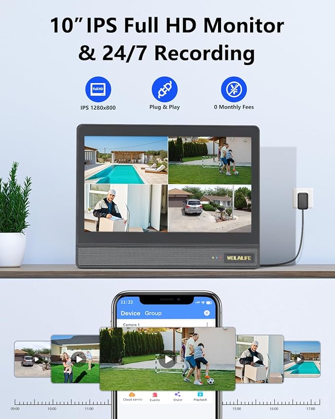 WEILAILIFE 【All-in-One Security System】 Security Cameras Wireless Outdoor, Solar-Powered PTZ Security Camera System, WiFi Home Video Surveillance Systems DVR Kits