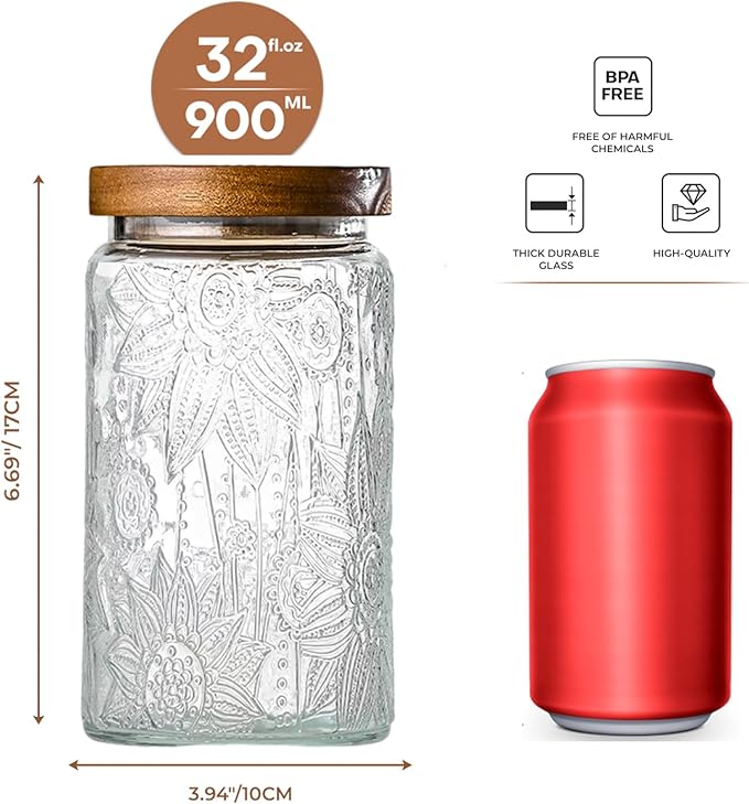 32oz Vintage Glass Jar With Lid, Glass Storage Containers, Airtight Kitchen Storage Containers For Sugar, Coffee, Tea, Spice, Flour, Candy Cookie, Pasta, Cereal, Cute Decorative Jars