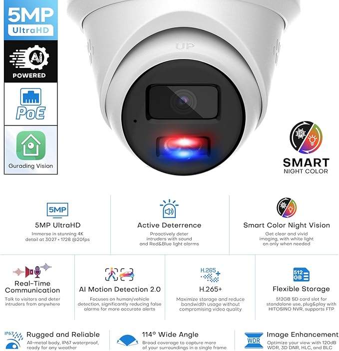 5MP PoE IP Turret Camera, PoE Camera Outdoor w/Red-Blue Alarm Lights & Sound, 98FT Smart Color Night Vision, 2-Way Audio, AI Human/Vehicle Detection, Full Metal IP67, 114°Wide Angle