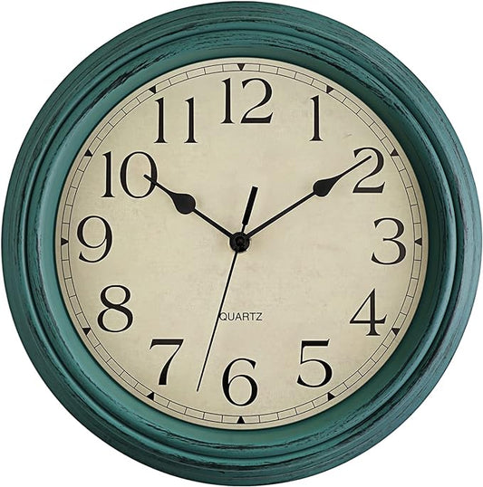 Foxtop Retro Silent Non-Ticking Round Classic Clock 12 Inch Quartz Decorative Battery Operated Wall Clock for Living Room Kitchen Home Office (Turquoise)