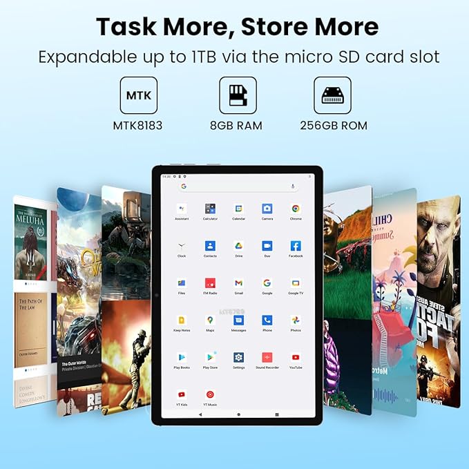 kinstone 10.1" Android Tablet - MTK8183 Octa-Core 2.0GHz Processor - 1920 x 1200 FHD Display - 8GB RAM + 256GB ROM - 13MP Dual Camera - 6000mAh Battery - WiFi and Bluetooth 5.0, Silver