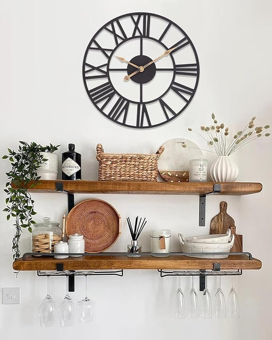 BEW Wall Clocks for Living Room Decor, Black Metal Skeleton Wall Clock Silent Battery Operated, Rustic European Industrial Farmhouse Decorative Wall Clocks for Kitchen, Bedroom, Dining Room-14 in