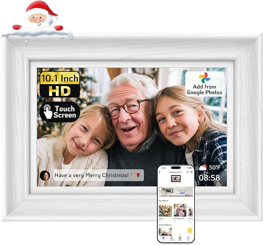 NexFoto Touchscreen Digital Picture Frame 10.1 Inch 64GB, WiFi Photo Frame Electronic, Add Pics from Google Photos, Easy to Share Videos via App/USB/Micro SD, for Christmas/Mom/Birthday, White Wood