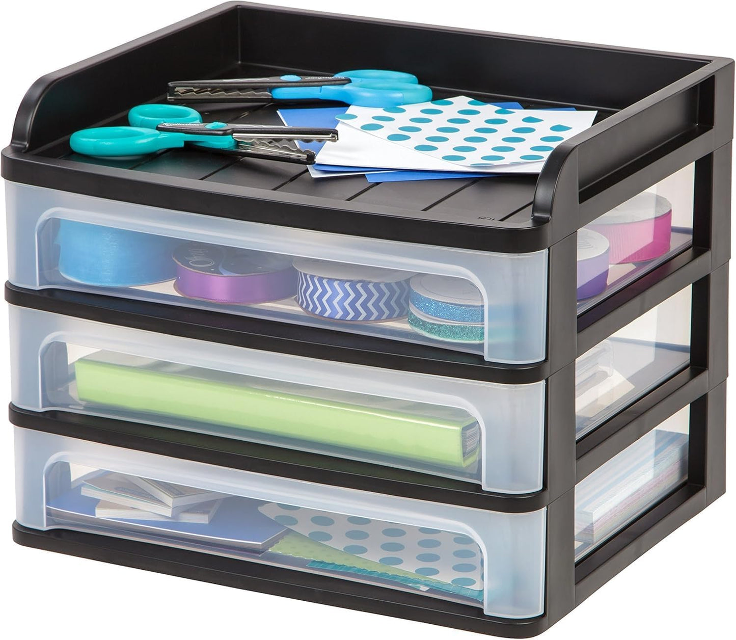 IRIS USA Plastic Desk Top 3-Drawer Storage Organizer with Paper Tray Top, 1-Pack, for Makeup Vanity Nail Polish Bathroom Stationery Art Craft Supplies Kitchen Office Garage Organization, Medium, Black