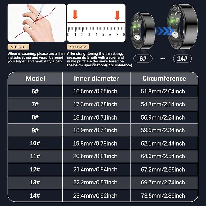 Health Tracker Ring, Smart Health Ring for Women Men with Heart Rate, Blood Oxygen, Sleep Monitor, Steps,Calories, No Subscription Fee, IP68 Waterproof Smart Ring for iPhone & Android (Black, 14#)
