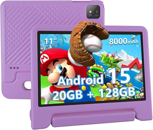Kids Tablet, 11 inch Android 15 Tablet for Kids, 20GB RAM 128GB ROM Octa-Core 8000mAh Battery Childs Tablets with Shockproof Case, Bluetooth, WiFi, Parental Control, Dual Camera, GPS