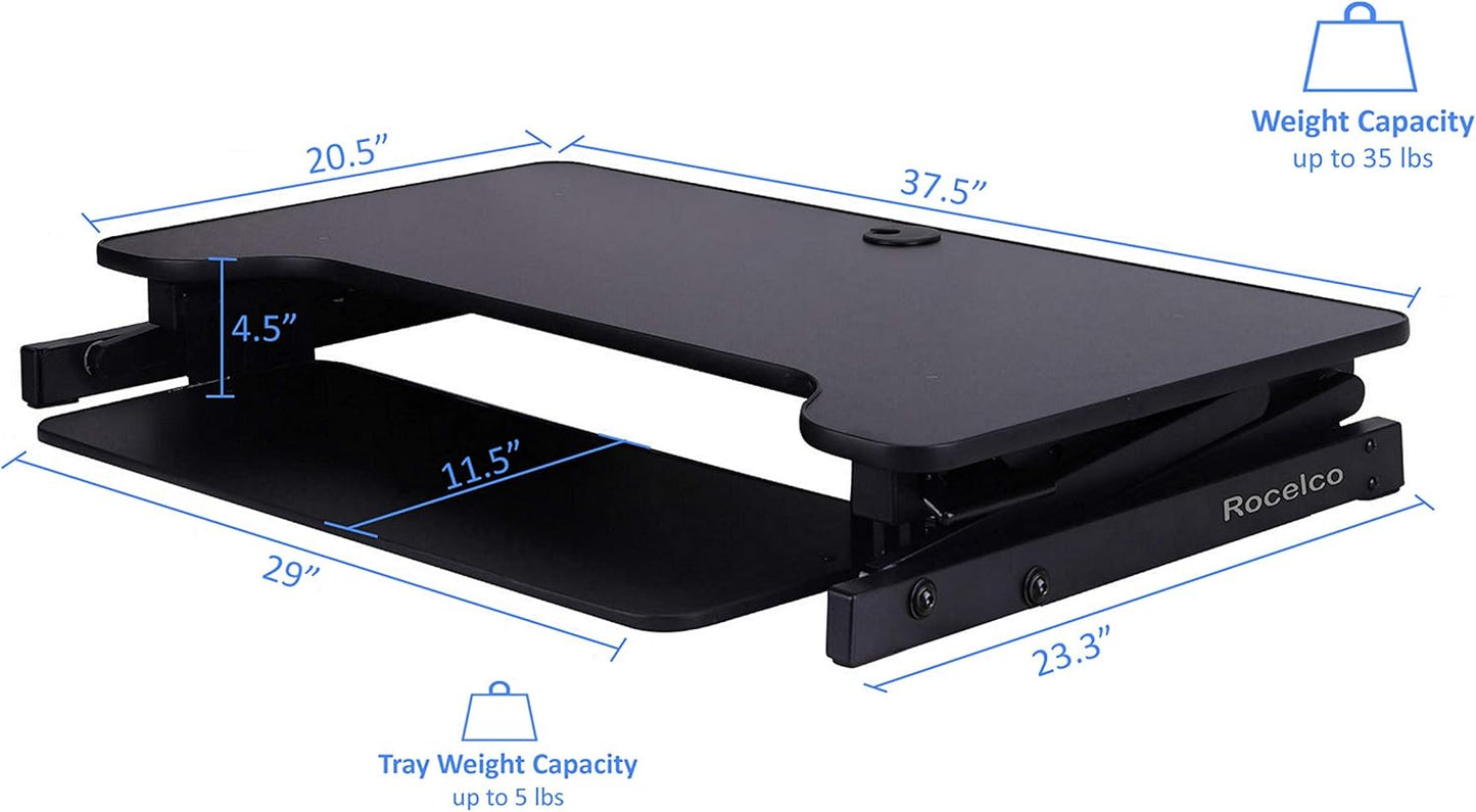 Rocelco 37.5" Deluxe Height Adjustable Standing Desk Converter with Dual Monitor Mount and Anti Fatigue Mat BUNDLE - Sit Stand Up Computer Workstation Riser - Keyboard Tray - Black (R DADRB-DM2-MAF)