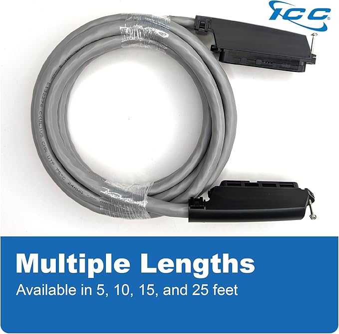 ICC Female to Female 25 Pair Telco Cable 15ft - Cat3 24AWG, 100% Solid Pure Copper, Gray Riser CMR Cable with 90 Degree 50 Pin Telco Connector for Voice and Low Data PBX Applications, 15 Feet