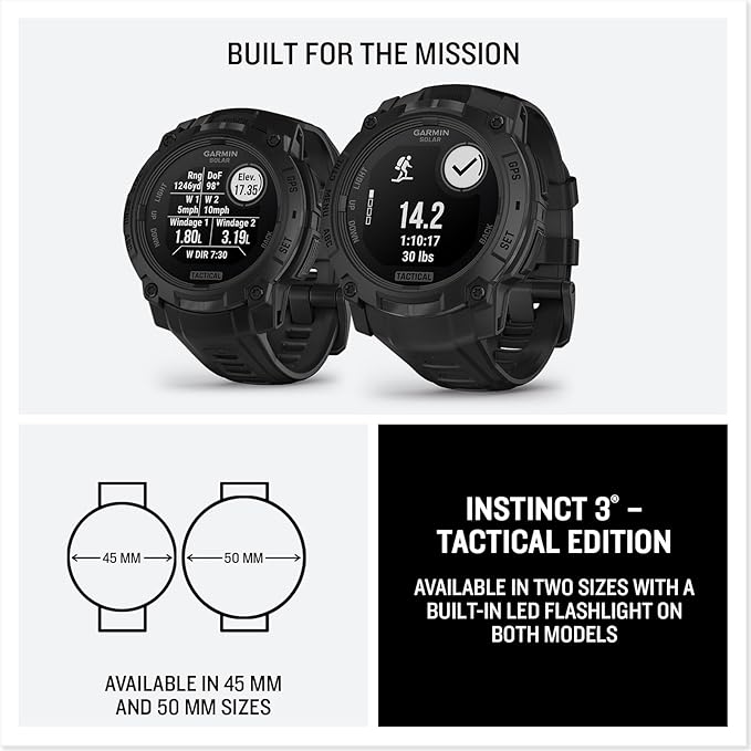 Garmin Instinct® 3 Tactical Edition, 45mm, Solar Charged Display, Rugged Outdoor GPS Smartwatch