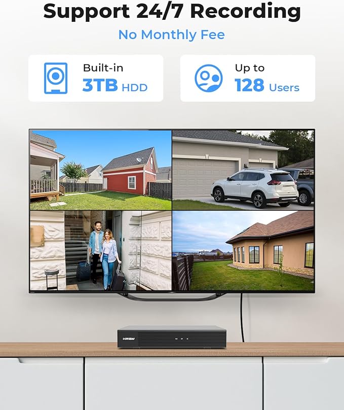 H.VIEW 4K 8MP 8CH POE NVR Security Camera System (16CH Expandable), 4 x 8MP PoE IP Bullet Cameras Outdoor Indoor, AI Human/Person/Face Detection, Two-Way Audio, 100ft IR Night Vision, 3TB HDD