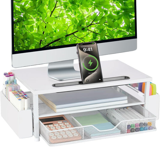 AUPSEN White Monitor Stand Riser, 2-Tier Wood Computer Desk Organizer with Drawer, Pen Storage & Phone Holder ，Office Desk Accessories Desktop Organizer for Office Supplies