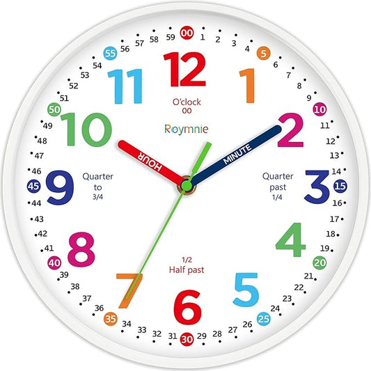 Roymnie12 Inch Wall Clock for Kids Learning to Tell Time Easily Analog Non Ticking Battery Operated Teaching Clock Silent Teaching Time Clock Decorative for Kids Room Classroom School (White Grain)