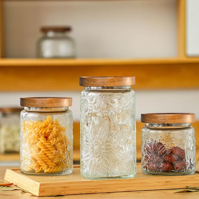 3-Pack 32oz Vintage Glass Jar With Lid, Glass Storage Containers, Airtight Kitchen Storage Containers For Sugar, Coffee, Tea, Spice, Flour, Candy Cookie, Pasta, Cereal