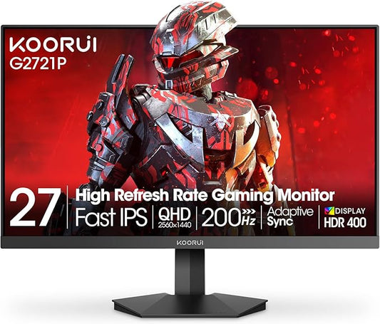 KOORUI 27" Gaming Monitor, 200Hz 1ms Fast IPS, WQHD (2560 x 1440p) HDR 400 Display, DCI-P3 95% Color Gamut, FreeSync Premium, Adaptive G-Sync, HDMI x 2, DisplayPort, G2721P