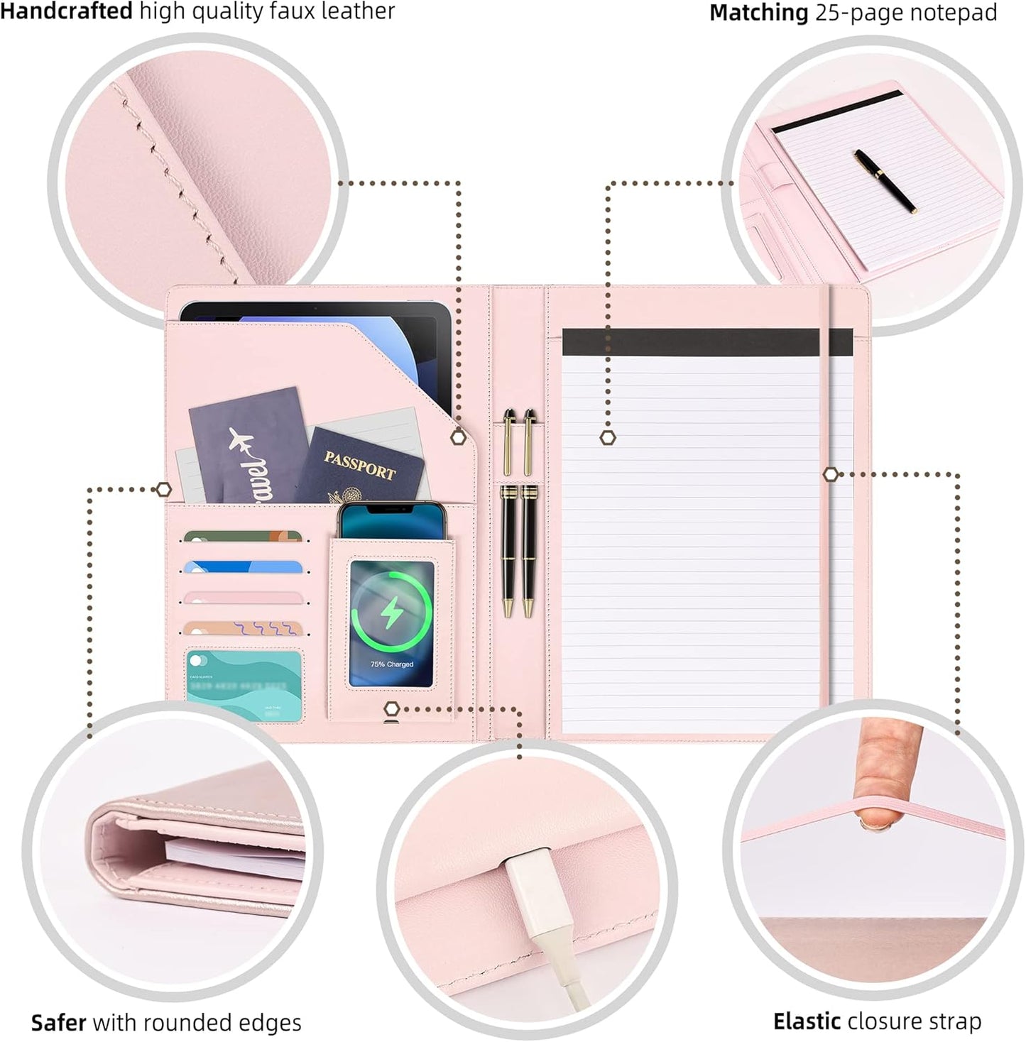 Leather Portfolio Organizer Women Clipboard with Storage Pink Clip Board for Notepad,Phone,Cards