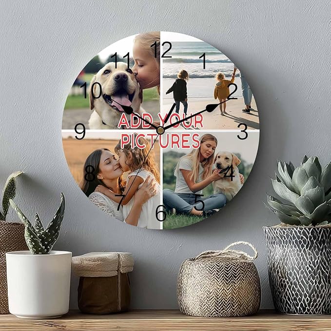 Custom 4 Picture Wall Clock, Personalized Round Clock add Your Photo for Kitchen Bedroom Living Room, Customized Christmas Valentine's Day Gift for Couples, Wife, Husband (10", 12", 14")