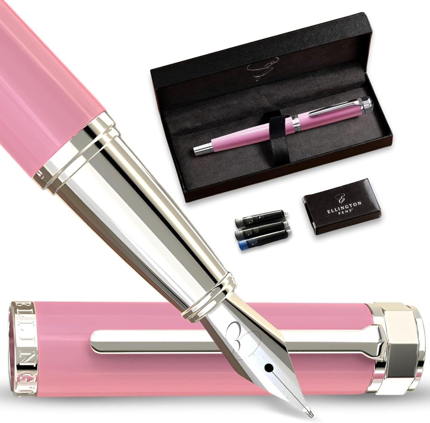 Luxury Fountain Pen Set- Fountain Pens for Writing - Smooth Fine Nib - Includes Refillable Ink Converter, 3 Ink Cartridges [Black & Blue], Gift Box - Elegant Calligraphy