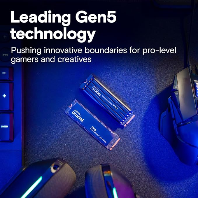 Crucial T710 PCIe Gen5 NVMe 2TB SSD, Up to 14,900 MB/s, Laptop & Desktop Compatible (PC), for Creatives and Hardcore Gamers, Solid State Drive, Includes 1Mo Adobe CC – CT2000T710SSD8-01
