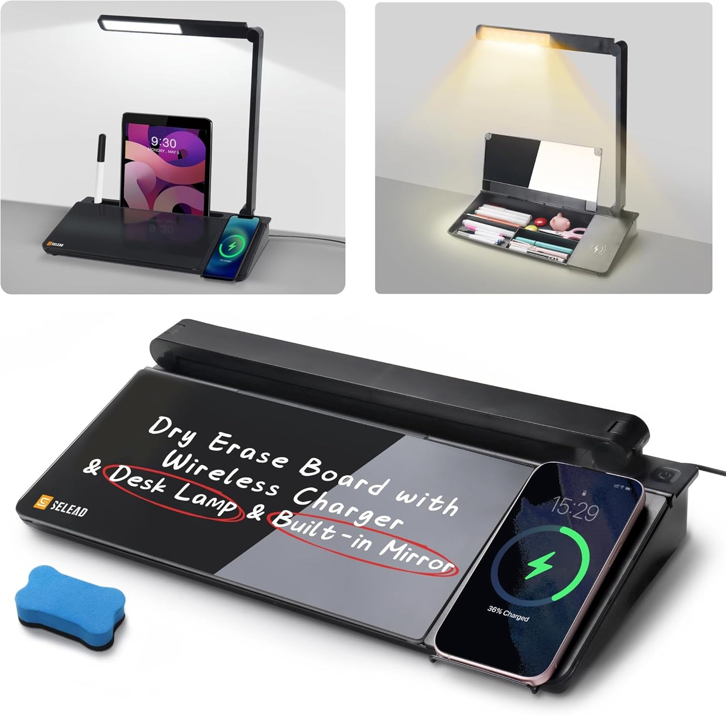 SELEAD Desktop Glass Whiteboard with Wireless Charger Station and Desk Lamp, Tabletop Dry Erase Board w/Organizer, Markers, Mirror, Holder for Home School Office Desk Accessories, Black