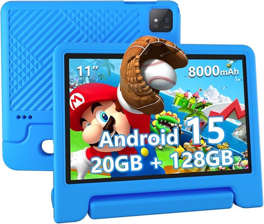 Kids Tablet, 11 inch Android 15 Tablet for Kids, 20GB RAM 128GB ROM Octa-Core 8000mAh Battery Childs Tablets with Shockproof Case, Bluetooth, WiFi, Parental Control, Dual Camera, GPS