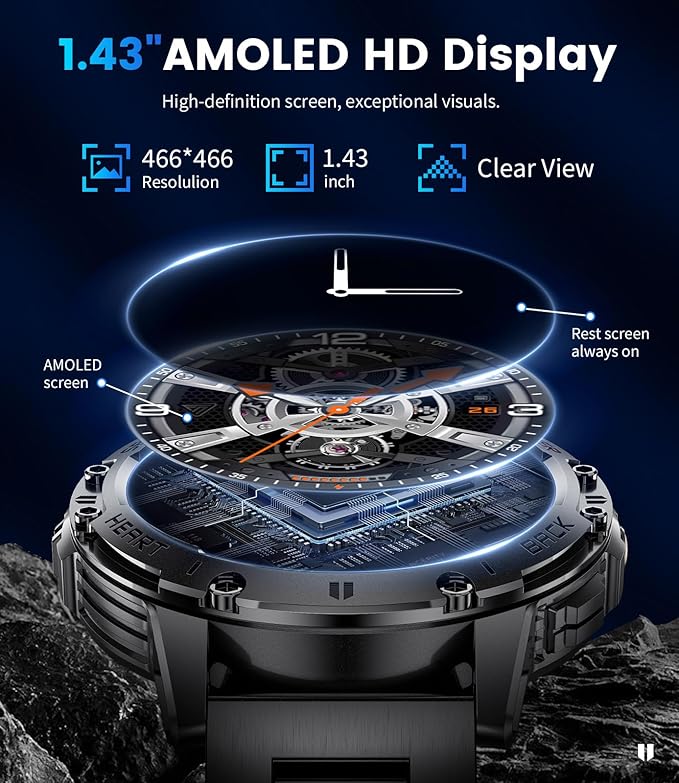 LIGE 1.43" AMOLED Smart Watch for Men with Flashlight, Bluetooth Calling, 100+ Sport Modes, 530mAh, IP68 Waterproof Fitness Tracker for Workout, iOS Android Compatible, Black Steel