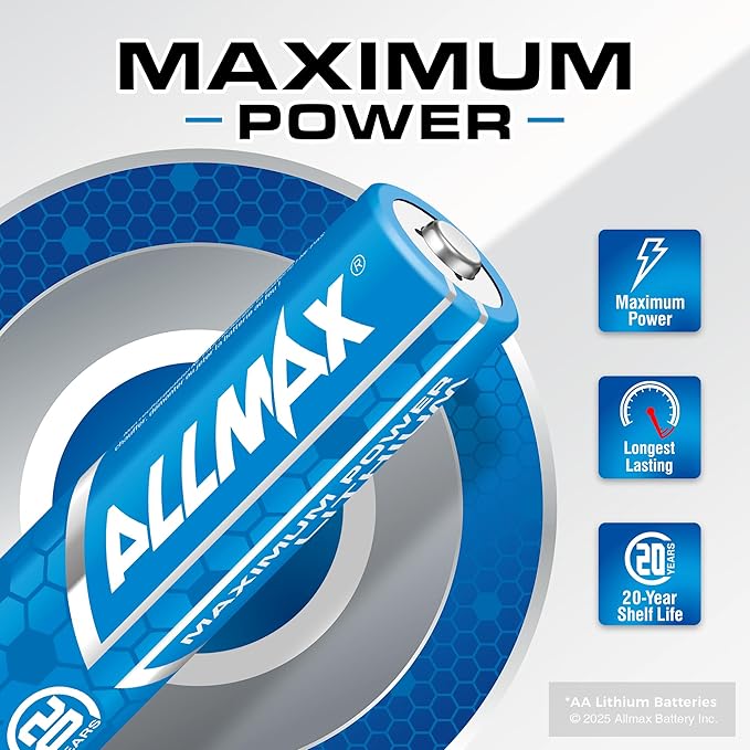 Allmax AA Maximum Power Lithium Batteries (16 Count) – Longest Lasting, Leakproof, 20-Year Shelf Life, Ultimate Performance, Perfect for Blink Security Cameras (1.5V)