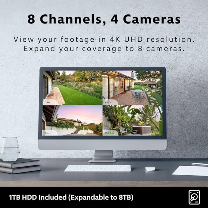 Swann AdvancedX Wired NVR 4K Security Camera System, 8 Channels, 4 PoE Cameras Outdoor, 1TB HDD Storage, Color Night Vision, Smart AI Video Analytics/Alerts, Motion Detection, 24/7 Recording