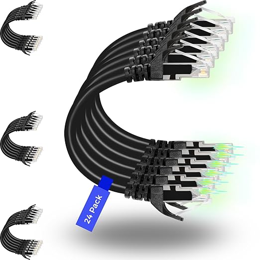 Rapink Patch Cables Cat6 14ft (24 Pack), Ethernet Patch Cable 10G, Cat 6 Patch Cable for Patch Panel to Switch, Flexiable Cat 6 Ethernet Cable with Gold Plated Black