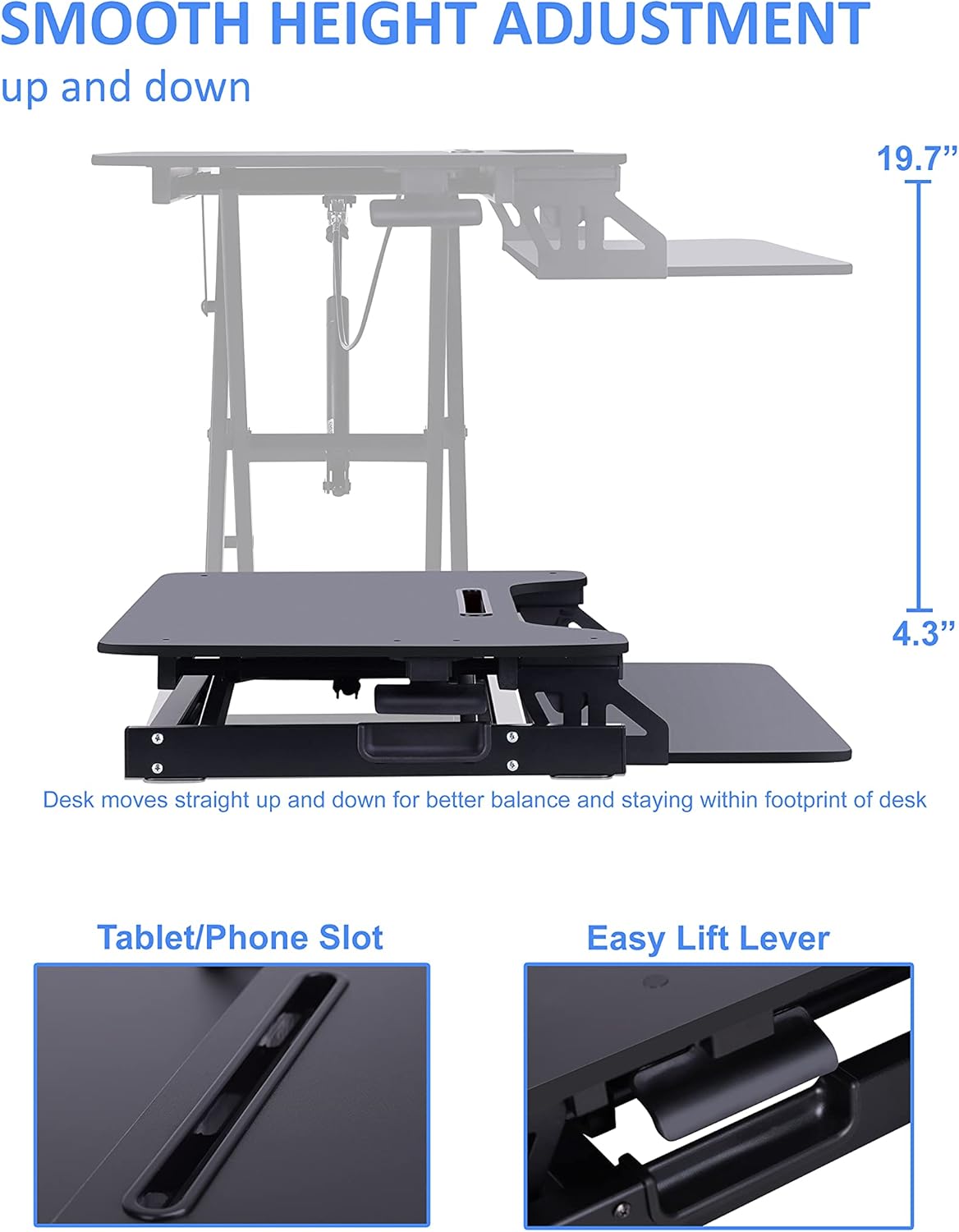 Rocelco Standing Desk Converter 31.5 Inch Sit Stand Up Dual Monitor Tabletop Riser with Tablet Mount, Height Adjustable Home Office Workstation - Deep Keyboard Tray for Laptop Mouse - Black (R VADRB)
