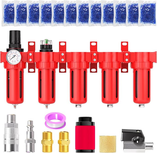 3/8" NPT Industrial Grade 5 Stage Aluminum Air Drying System, Coalescing Filter, Particulate Filter, Triple Desiccant Dryer and Air Regulator, Manual Drain For Plasma Cutter and Paint Spray