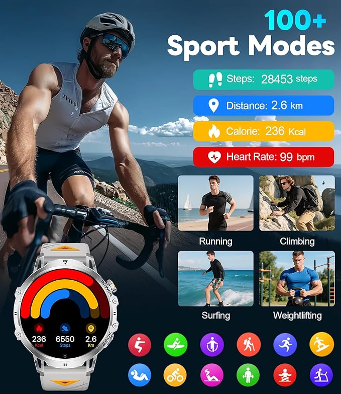 LIGE Smart Watch with 1.85" HD Large Screen, Android iPhone Smart Watches for Men with 1000mAh Battery/LED Flashlight/50M Waterproof/,120+ Sports Fitness Tracker Watch, Silver (Double Straps)