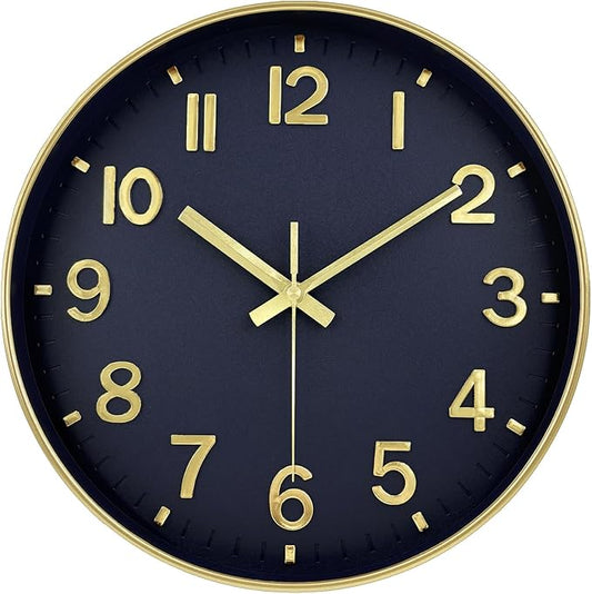 Modern Wall Clock, 10 Inch Digital Wall Clocks Battery Operated, Round Non Ticking Silent Analog Clock for Bedroom Living Room Kitchen Office Gym Classroom Decor, Gold Navy Blue Battery Clock