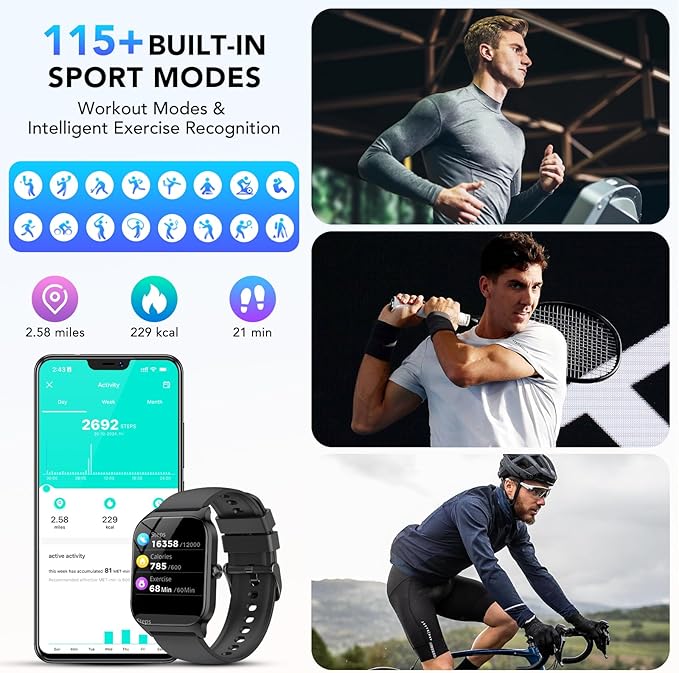 Smart Watch for Men Women, 1.85" HD Fitness Tracker with Bluetooth Calls/AI Voice Control, IP68 Waterproof, 115+Sports Modes, 24/7 Heart Rate/Sleep Fitness Watch Compatible with iOS/Android Grey