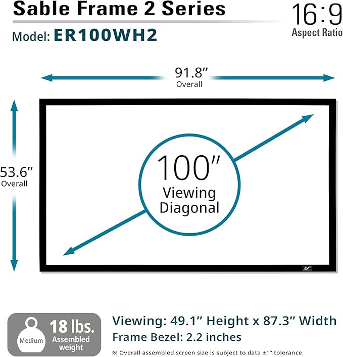 Elite Screens Sable Frame 2, 100-Inch Fixed Frame Projector Screen, 16:9 8K/4K Ultra HD & Active 3D Ready, ISF-Certified Material, Ideal for Home Theater, Office, and Indoor Presentations, ER100WH2
