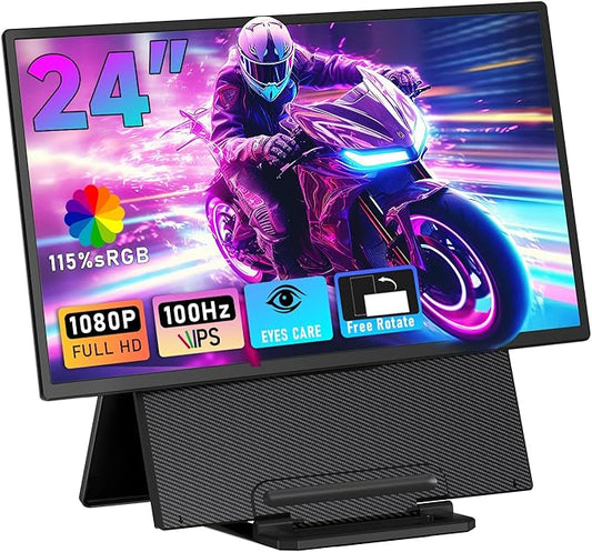 Portable Monitor 24" 100Hz for Work Home Office Game, 1080P FHD IPS Laptop Screen Extender with Rotating Stand & VESA, Laptop Monitor Extender USB-C HDMI Plug-Play for Mac Windows PS Switch Xbox Phone