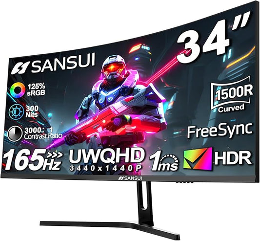 SANSUI 34-Inch Curved Gaming Monitor UWQHD 3440 x 1440 Up to 165Hz Curved 1500R - PIP/PBP, 1ms(MPRT), HDR, 300nits, sRGB 125%, DCI-P3 95%,FreeSync,HDMIx2,DP1.4 x2 (DP Cable Included)