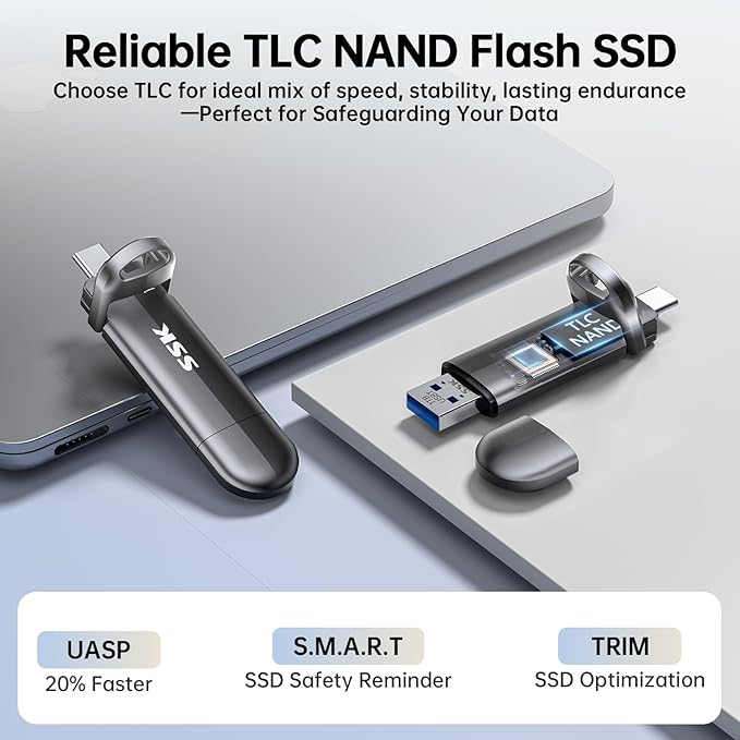 SSK USB Flash Drive 256GB SSD External, TLC NAND Solid State Drive Dual USBC & USBA Ports, Up to 1000MB/s High-Speed Portable 1TB USB Thumb Drive Stick for iPhone 15/16/17 Pro, Mac, Android, PC Backup